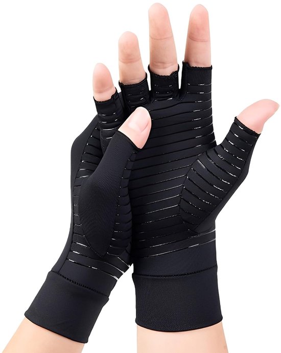 1 paar artrose handschoenen, artritis-handschoenen, reuma handschoenen, handenhouder, compressiehandschoenen voor dames, van kopervezel, zwart, uniseks, gewrichtsbelasting, halve
