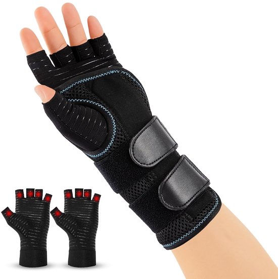 1 polssteun met 3 spalken en 1 paar artrose handschoenen (rechts, M) | Verstelbare polsspalk, handspalk voor tendinitis, artritis, carpaal tunnelsyndroom en verstuikingsherstel