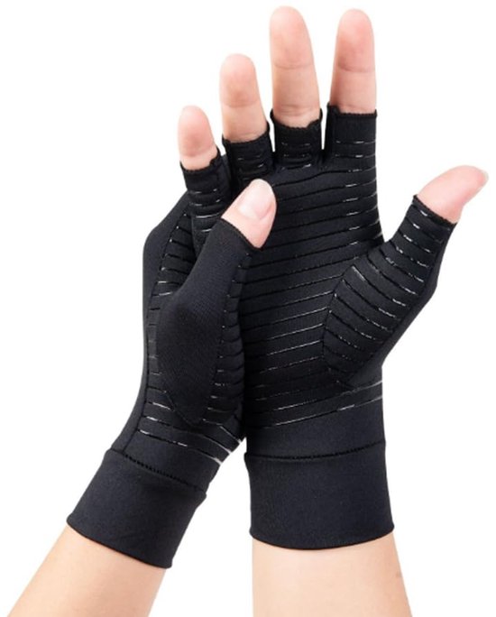1 x dubbele koperen handschoenen, artritis, compressiehandschoenen ter verlichting van reumatoïde handpijn, halve vingers, pijnverlichting en opwarming, zwart, L, Zwart, L