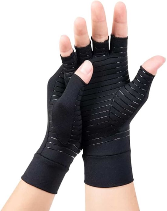 1 x dubbele koperen handschoenen, artritis, compressiehandschoenen voor het verlichten van reumatoïde handpijn, halve vingerhandschoenen, pijnverlichting en opwarmen, zwart, L (zwart, M),