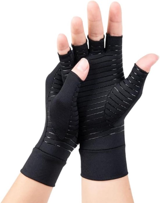 1 x dubbele koperen handschoenen, artritis, compressiehandschoenen voor het verlichten van reumatoïde handpijn, halve vingerhandschoenen, pijnverlichting en opwarmen, zwart, L, Zwart, S