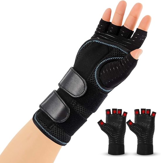 1 x orthopedische polsbandage met 3 metalen rails en 1 paar artritis-handschoenen, verstelbare polsbandage peesontsteking, carpale tunnelbandage rechts, L