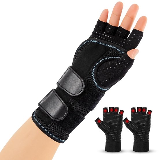 1 x orthopedische polsbandage met 3 metalen rails en 1 paar artritis-handschoenen, verstelbare polsbandage peesontsteking, carpale tunnelbandage rechts, M