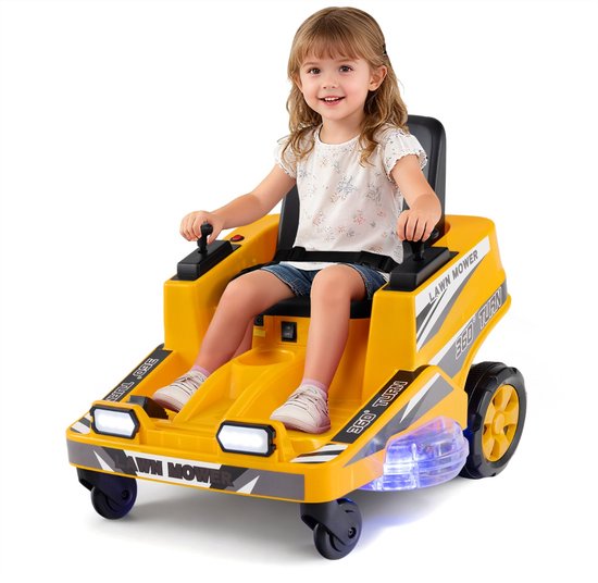 12V Grasmaaier voor Kinderen - Elektrisch Voertuig voor Peuters met Dubbele Bedieningshendels, LED-verlichting, Geel van Merkloos