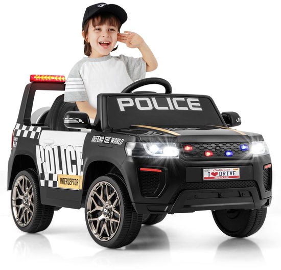 12V Kinder-Politieauto - Aangedreven Politievoertuig met Afstandsbediening, Muziek, Toeter, Sirene en LED-Knipperlichten, Zwart van Merkloos