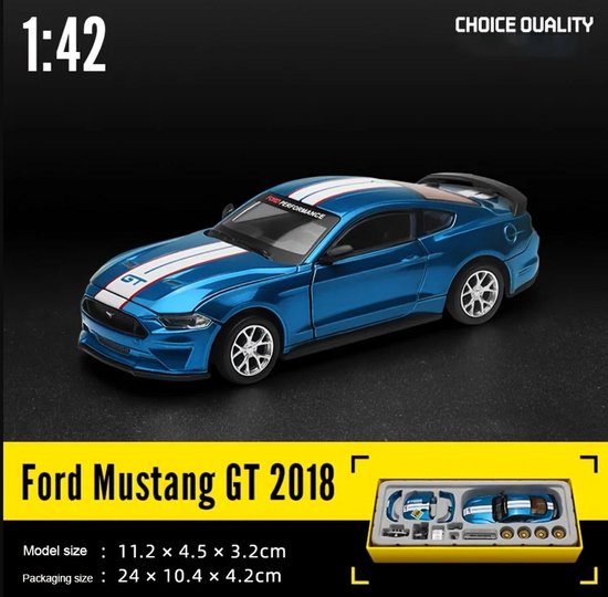 1:42 Blauwe Auto Miniatuur Ford Mustang GT2018 – Model met Draaiende Wielen & Accessoires – Speelgoed of Display van Merkloos