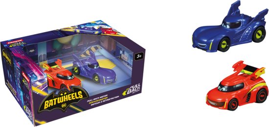 1:43 Carrera Pull and Speed - Batwheels - BAM vs. RED - Pull-Back Auto's TwinPack Terugtrekauto van Merkloos