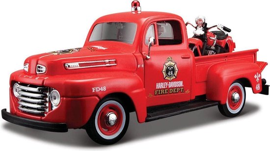 1948 Ford F1 Pick Up + 1936 El Knucklehead (Rood) (20cm) 1/24 Maisto - Modelauto - Schaalmodel - Model auto - Miniatuurautos - Miniatuur auto van Maisto
