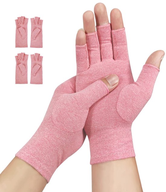 2 paar artritis-handschoenen, artrose-handschoenen, compressie handschoenen, vingerloze handschoenen voor pijnverlichting, gaming, typen en warmte voor mannen en vrouwen (Roze-2 paar, Medium)