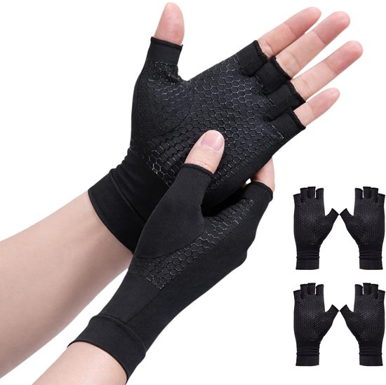 2 paar artrose handschoenen met koper, compressiehandschoenen, vingerloos, trainingshandschoenen voor heren en dames, sporthandschoenen voor werk, slapen, sport, biedt grip en warmte voor de vingers