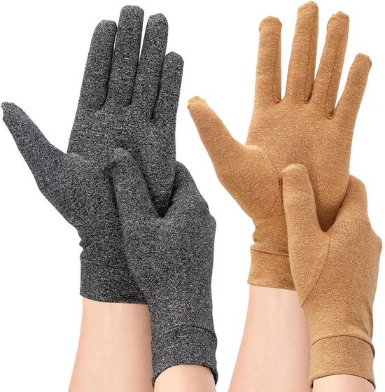 2 paar artrose-handschoenen voor dames en heren, volledige compressiehandschoenen, verlichting van artrose, Raynaud-ziekte en carpaal tunnelsyndroom (grijs + beige, XL)