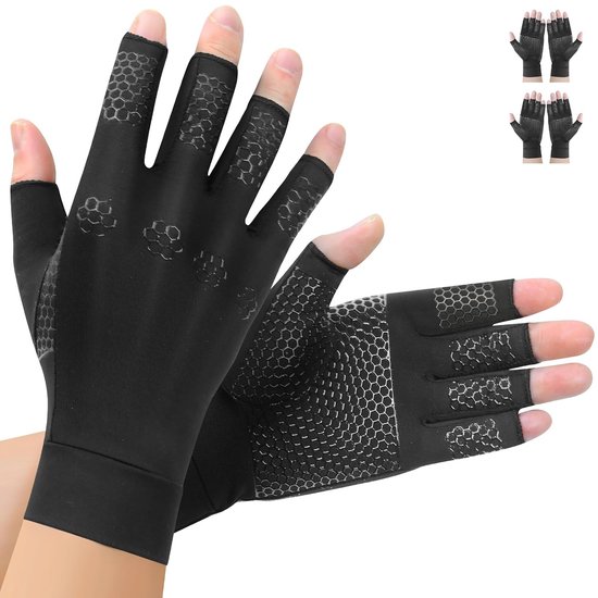 2 Paar Artrosehandschoenen met koper, Vingerondersteuning, Vingerloze Compressiehandschoenen, Ergonomisch voor werk, Slapen, Sporten, Dames en Heren (L)