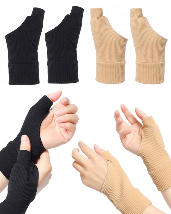2 paar vingerloze compressiehandschoenen met gelkussen, elastische polssteun voor dames en heren, zwart, beige