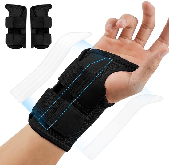 2 stuks Ademende polsorthese met 2 spalkstabilisatoren, elastische polsorthese met palmsteun, voor artritis, peesschedeontsteking, carpaal tunnelsyndroom en verstuiking, voor dames en