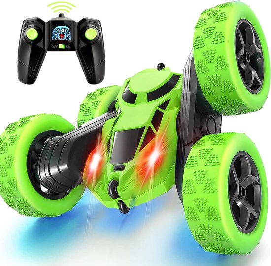 2,4 GHz dubbelzijdige 360° roterende afstandsbediening stuntauto - 4WD off-road driftmodel - 90 minuten batterijduur met koplampen - Cadeau voor jongens van 6-12 jaar - Groen van Merkloos