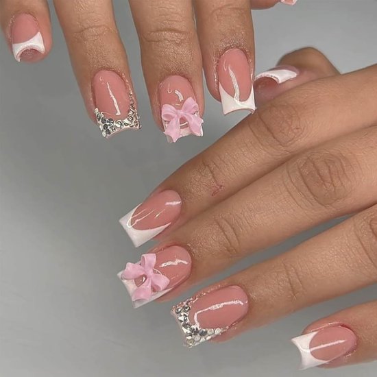 24 Stück rosa Schleife Diamant French-Maniküre-Tabletten - quadratisch - Pressnagel - Strass-Design - nackte rosa künstliche Nägel - vollständige Abdeckung - Kleber-Maniküre - nagelkunst accessoires van Merkloos	