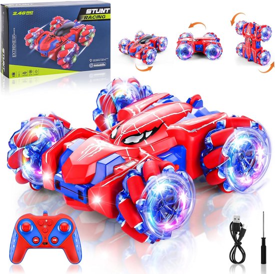 2.4Ghz Spider Afstandsbediening Auto - 4WD Dubbelzijdige Off-Road Stunt Auto - 360° Rotatie met Koplampen - Oplaadbaar - Voor Jongens van 4-13 Jaar - Binnen- of Buitenspeelgoed van Cadeau🕵‍♂️