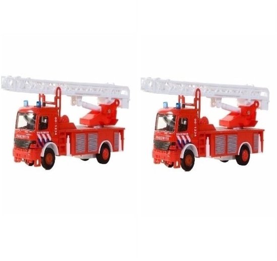 2x Speelgoed BMW brandweerwagens met ladder 15 cm - Speelgoed auto brandweer van Toi-Toys.