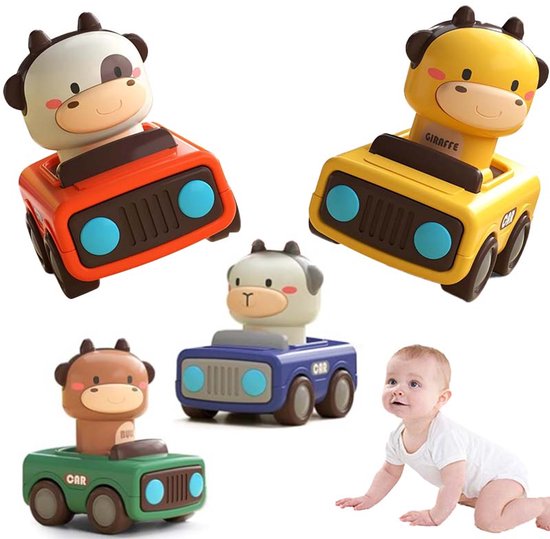 4 Stuks Baby Auto Speelgoed - Dierlijke Vorm Speelgoed Wagen - Baby Stuwwagen Speelgoed - Druk Speelgoed Wagen - Geschikt Voor 1-3 Jaar Oud van Merkloos