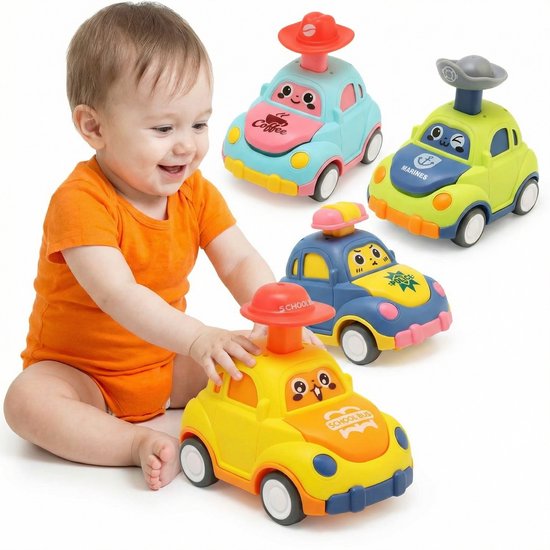 4 Stuks Press & Go Speelgoedautos voor Kinderen 1-3 Jaar - Educatieve Voertuigen Set - Veilig Baby Speelgoed - Cadeau voor Jongens en Meisjes 12-36 Maanden van Merkloos