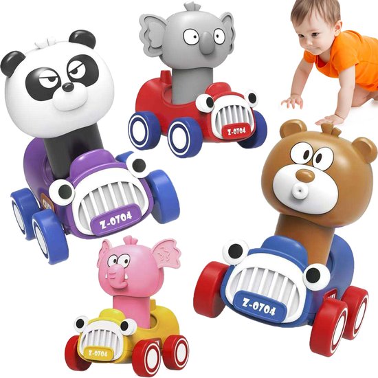 4 stuks Press to Go auto's voor peuters - raceauto's met babydieren - speelvoertuigenset voor baby's - Push Go frictieauto's voor baby's van 6-9-12-18 maanden - cadeaus voor de eerste verjaardag van j van Merkloos