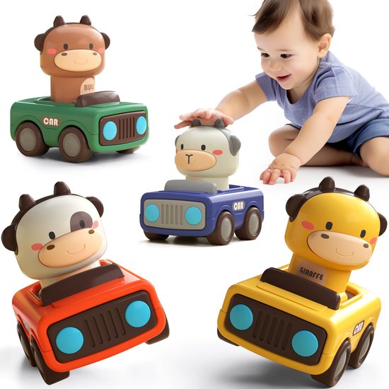 4 stuks Press to Go autospeelgoed voor peuters - Baby Animal Racing Cars - Baby Play Vehicle Set - Baby Push Go Wrijvingsautospeelgoed voor 6-9-12-18 maanden - 1-3 jaar oude jongens van deAO