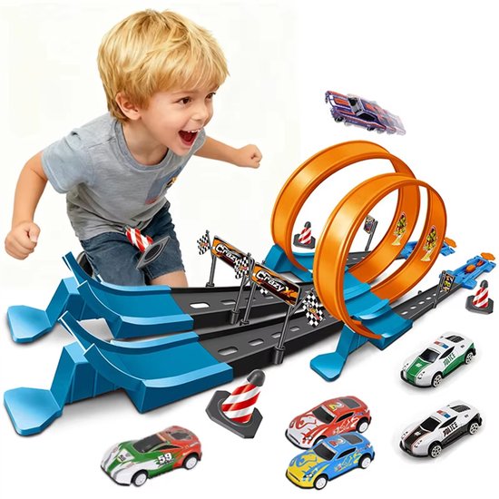 40-delige speelgoedautoset met dubbele rails, katapult-treinwagenracespeelgoed, zelfgebouwde racebaanset met 4 raceauto's, educatief en interactief speelgoed, voor jongens en meisjes, kerstcadeau voor verjaardagscadeaus van FUN LITTLE TOYS