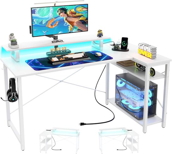 47 inch Gaming Bureau met RGB LED Verlichting en Stopcontacten - Wit