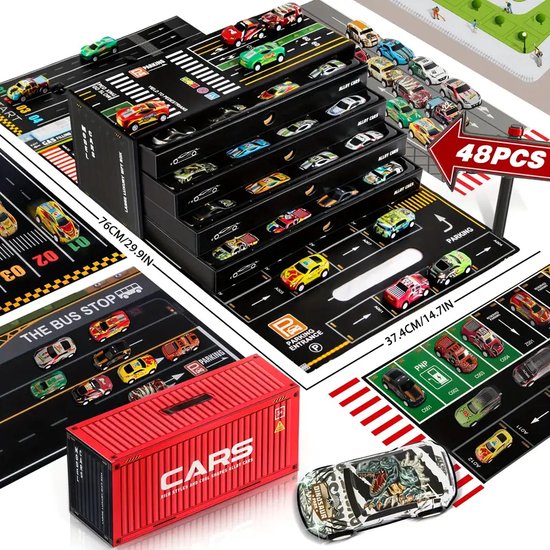 48-delige Speelgoedauto Set met Terugtrekfunctie – Inclusief Opbergcontainer – Perfect als Sinterklaas Cadeau voor Jongens en Meisjes – Diverse Stijlen en Kleuren – Educatief en Creatief Speelgoed voor Kinderen vanaf 3 jaar van Merkloos