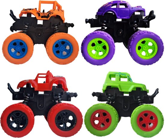 4x Big wheel stuntauto Paars, Groen, Rood & Oranje – Monstertruck – Monster truck - Stunt auto’s – Off road – Buiten speelgoed - Speelgoed auto - Auto Speelgoed Jongens – Stoer – Racen - Springende auto – Race auto - 360º Flip van Merkloos
