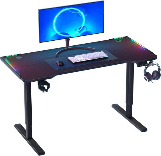 56 Inch Gaming Desk with LED Lighting, 3 Levels Electric Lift Standing Desk Computer Desk, Extra Large Gaming Table, PC Workstation Desk, Home Office Standing Desk Black