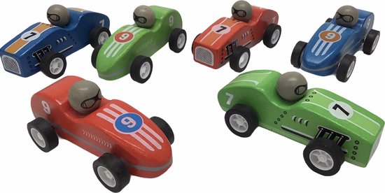 6 Houten Klassieke en moderne Raceauto's met pullback motor van Kruipen en Glijden