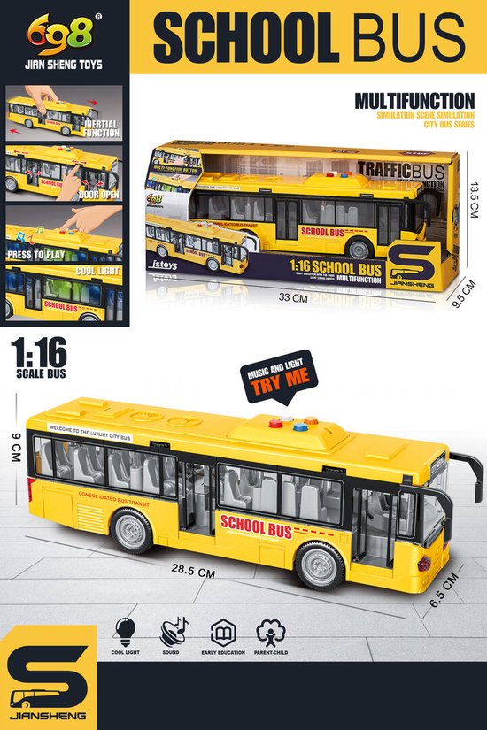 698 Toys - Schoolbus geel - Licht en geluid - Frictie motor - stadsbus - 28.5CM van 698 TOYS