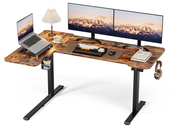 Acrolix Elektrisch in Hoogte Verstelbaar Bureau, 150 x 100 CM Verstelbare Tafel met Bekerhouder en Haak, Vintagebruin