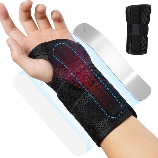 Ademende polssteunbrace spalk, polssteunbrace met metalen handspalk voor mannen en vrouwen, verstelbare handstabilisator voor carpale tunnel, verstuikingen en tendinitis (linkerhand)