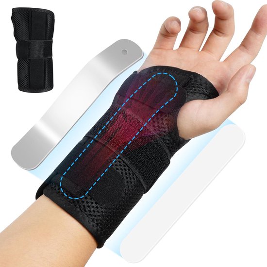 Ademende polssteunbrace spalk, polssteunbrace met metalen handspalk voor mannen en vrouwen, verstelbare handstabilisator voor carpale tunnel, verstuikingen en tendinitis (rechterhand)