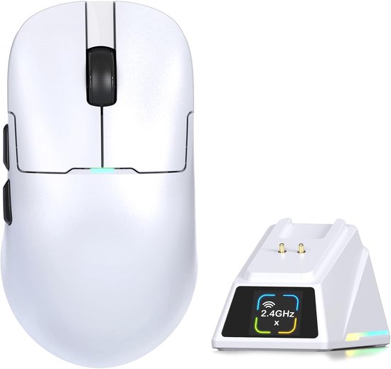 AJ159P SUPERLIGHT Draadloze Gamingmuis met RGB-Oplaadstation-Wit | Tri-mode BT/2.4G/USB-bedraad Computer Mice, PixArt PAW3311 Optische Sensor 24000 DPI Programmable voor PC/Mac/Win11