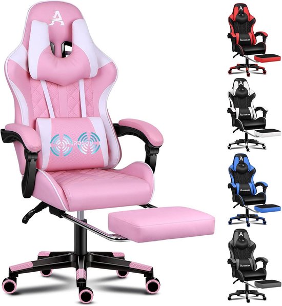 ALFORDSON Comfortable Gaming and Office Chair, Integrated Footrest, Lumbar Cushion, 150° Tilt Adjustment, High-Back Leather Chair, Supports up to 180 kg, Pink