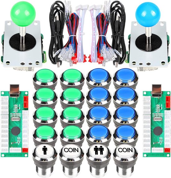 Arcade Joystick Kit - DIY Game Controller - Retro Gaming - LED Chrome Knoppen - 2 Speler Set - Blauw Groen van Merkloos