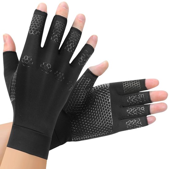 Artrosehandschoenen met koper, Vingerondersteuning, Vingerloze Compressiehandschoenen, Ergonomisch voor werk, Slapen, Sporten, Dames en Heren (L)