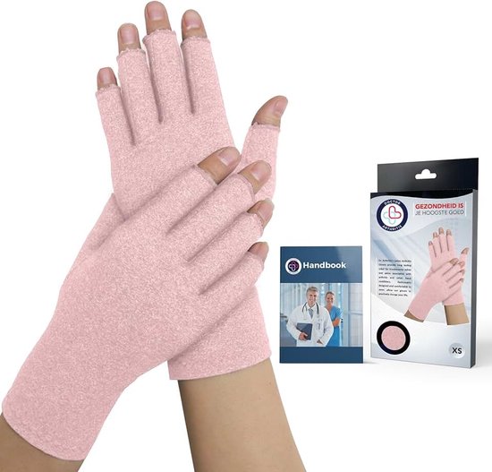 Artsen ontworpen artrose-handschoenen voor dames, comfortabele compressiehandschoenen, vingerloze handschoenen, mix van katoen, nylon en elastaan, roze, maat XS