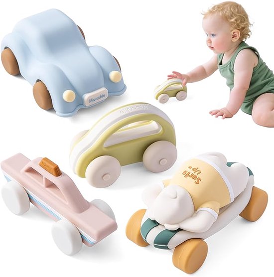 Autospeelgoedset Pastel – 5-delig Siliconen (BPA-vrij) – Sensorisch & Bijtvriendelijk – Unibody, Zachte Wielen, Vaatwasmachinebestendig – 6+ mnd t/m 3 jaar – Duurzaam Speelgoed van Merkloos