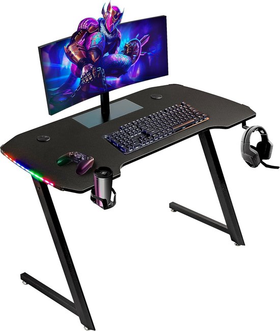 Baroni Home Ergonomisch gamingbureau met standaard en hoofdtelefoonhaak en bekerhouder, speeltafel van MDF en staal, met kleurrijke leds, 120 x 60 cm