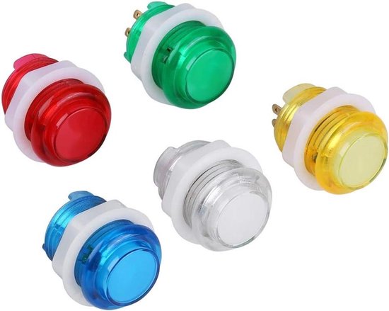 Baxnore 5PC LED-verlichte drukknoppen met microschakelaar Duurzame transparante gamingknoppen voor machines DIY-consoles Rood Geel Blauw Groen Wit 24 mm