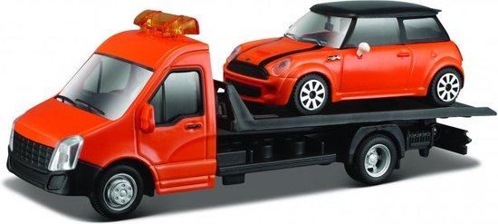 Bburago MINI COOPER S + FLATBED TRANSPORTER oranje/zwart schaalmodel 1:43 van Bburago