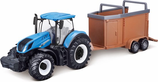 Bburago New Holland T7.315 TRACTOR + LIVESTOCK FORWARDER blauw/bruin schaalmodel 10 CM van Bburago