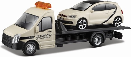 Bburago VW POLO GTI MARK 5 + FLATBED TRANSPORTER creme schaalmodel 1:43 van Bburago