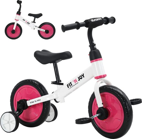 BBV 4 in 1 Kinderfietsen - Kinderfiets 12 inch - Loopfiets - Zeiwieltjes - Roze wit - Tot 30KG - 63x76x37cm van BBV