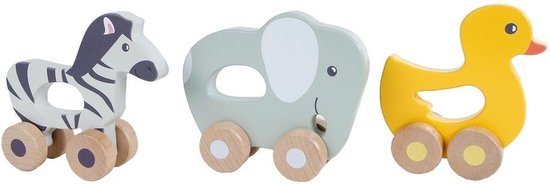 Big Tree houten dieren met wielen 13 cm Olifant, Zebra OF (!) Eendje. U ontvangt een willekeurige uitvoering van Merkloos
