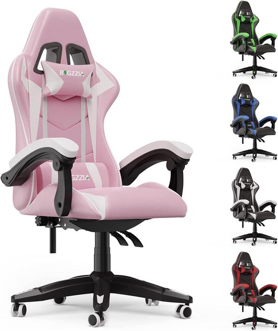 bigzzia Gamingstoel, Gamingfauteuil met hoofdsteun en lendensteun, Ergonomische gamingstoel voor gameroom, tieners, volwassenen (roze)